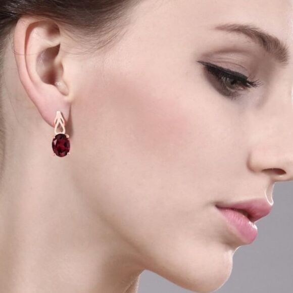 18K Rose Gold 925 with 4.00 Cttw Rhodolite Garnet Oval Post Back Drop Earrings